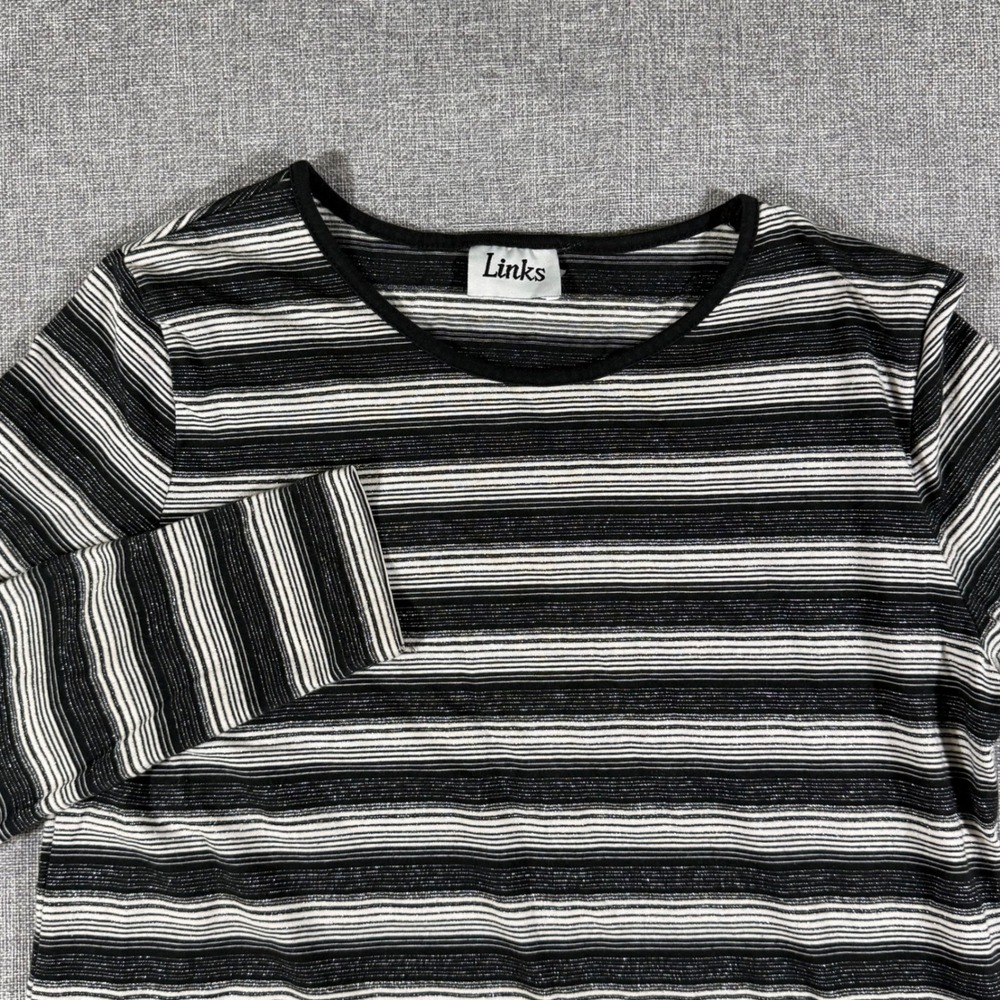 VTG Links Striped Long Sleeve Top Womens Medium Black White Silver Sparkle Goth
